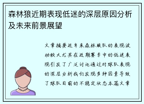 森林狼近期表现低迷的深层原因分析及未来前景展望